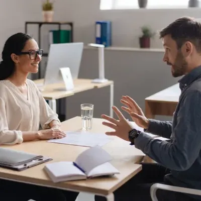 Dos personas que están hablando en una entrevista de una agencia de recursos humanos 
